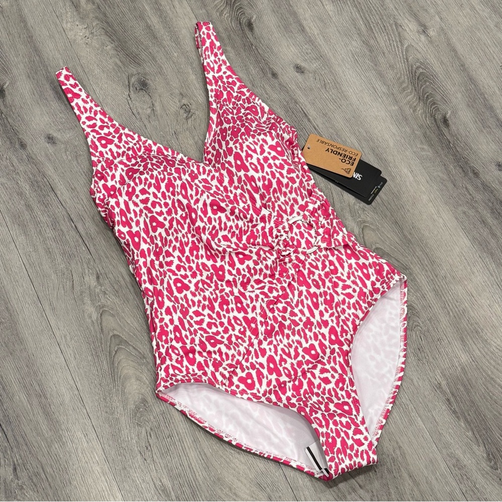 Simon Chang Pink & White Leopard Animal Print Summer Vacation One Piece Swimsuit